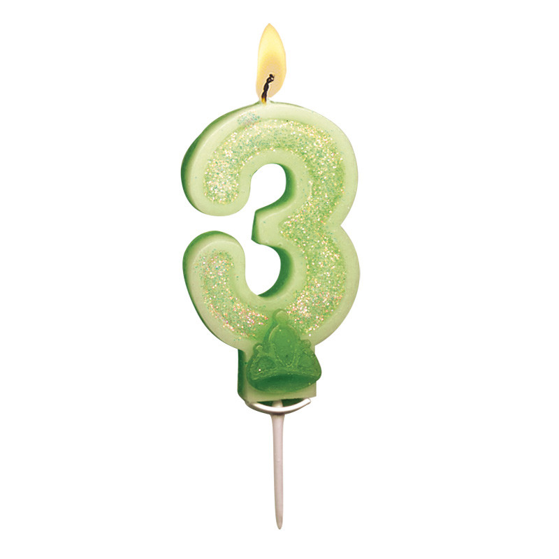 Bougies Chiffre vert à paillettes N°3 pour un anniversaire endiablé